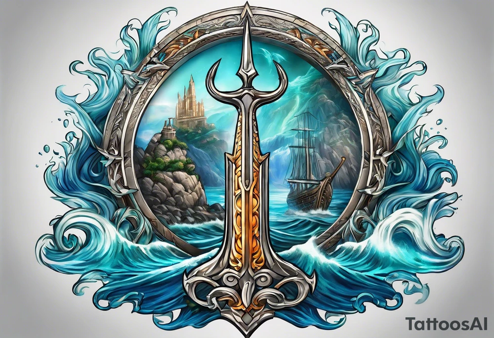 Poseidon’s Trident with Atlantis backdrop tattoo idea