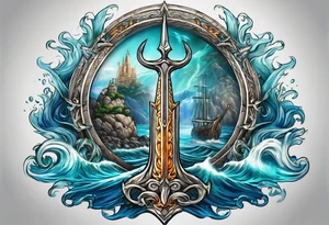 Poseidon’s Trident with Atlantis backdrop tattoo idea