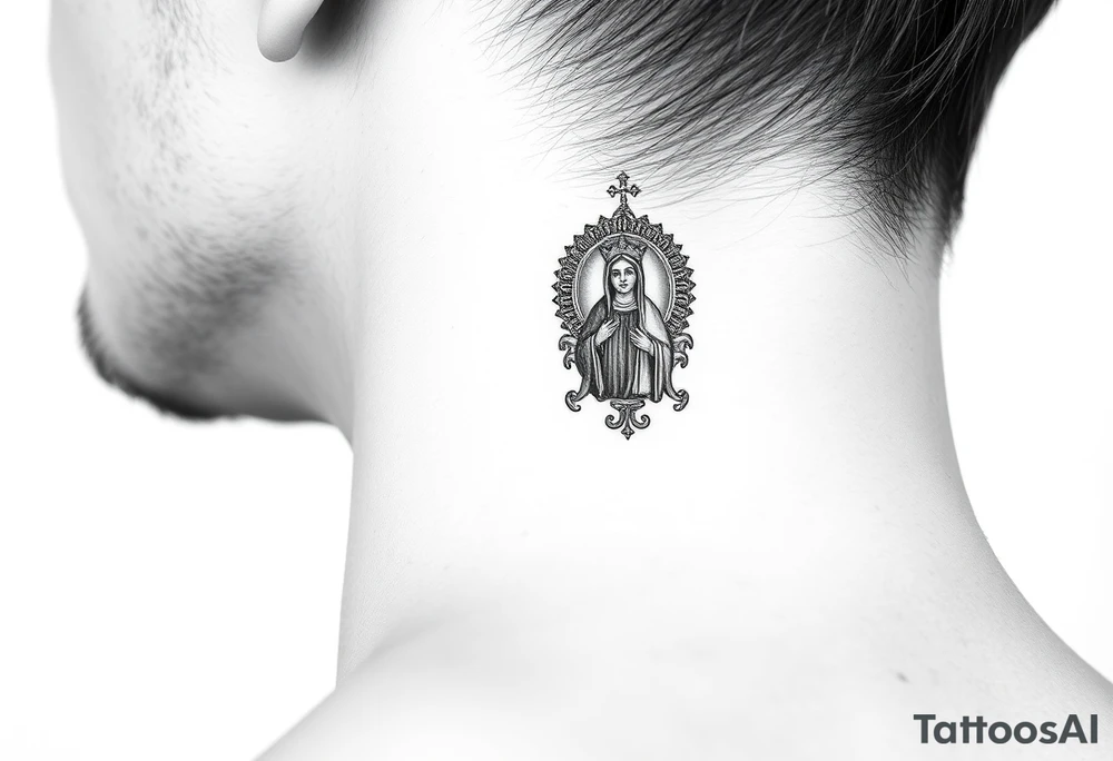 medium traditional russian orthodox church with russian coat arms and virgin mary on the side of the neck tattoo idea