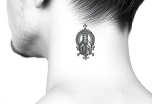 medium traditional russian orthodox church with russian coat arms and virgin mary on the side of the neck tattoo idea