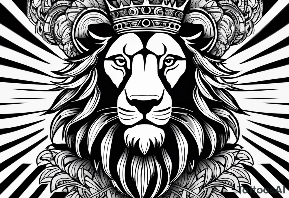 lion's face with a crown, two horizontal black stripes flanking the lion on either side, The overall style is bold and tribal-inspired, with clear, defined lines. tattoo idea