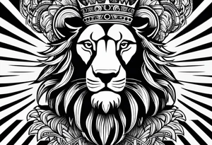 lion's face with a crown, two horizontal black stripes flanking the lion on either side, The overall style is bold and tribal-inspired, with clear, defined lines. tattoo idea