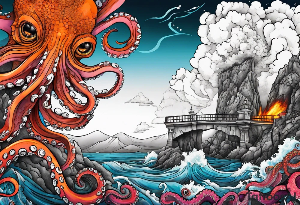 Octopus volcano bridge tattoo idea