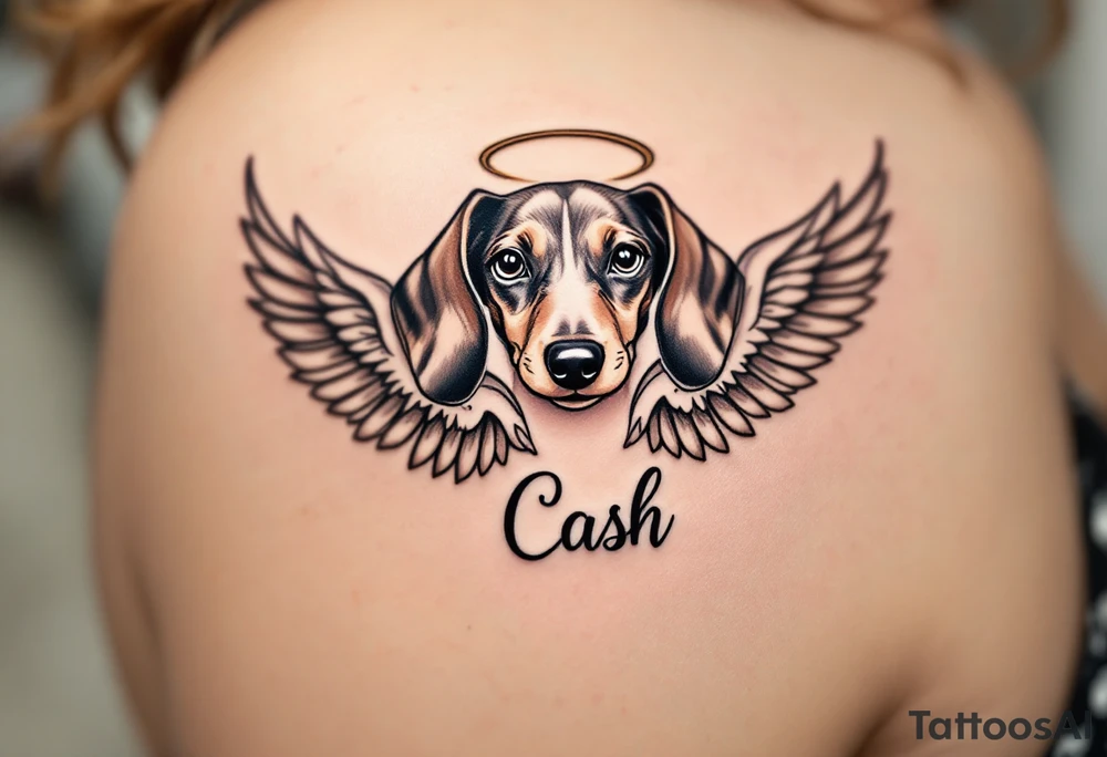 Dachshund ears between wings with a halo above and the name Cash tattoo idea