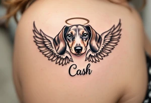 Dachshund ears between wings with a halo above and the name Cash tattoo idea