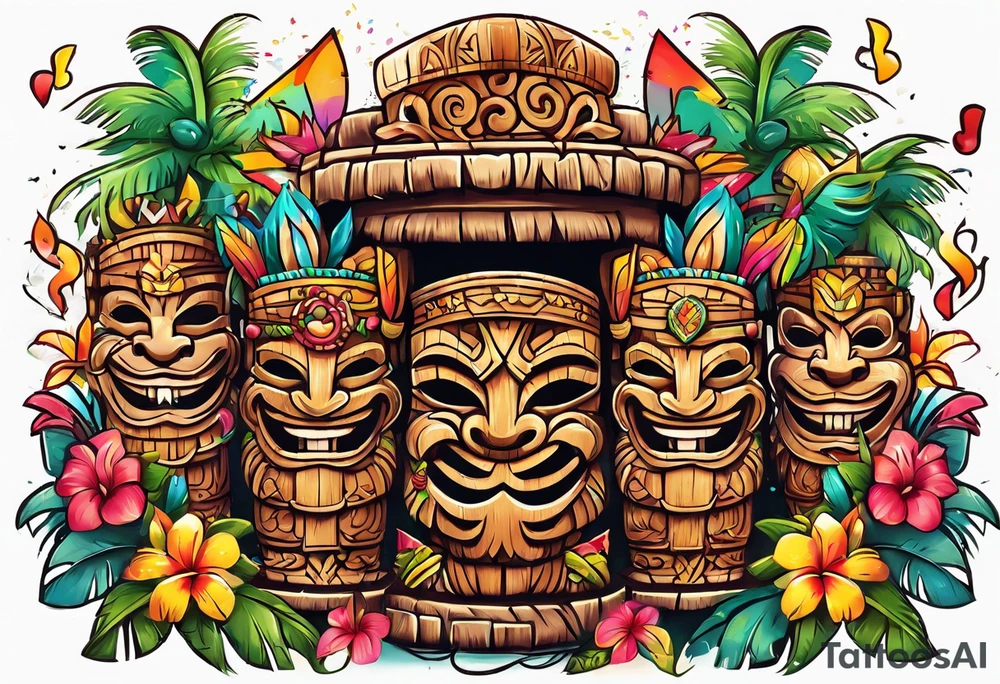 tiki party with dancing tiki guys and sexy tiki girls with music notes and confetti tattoo idea