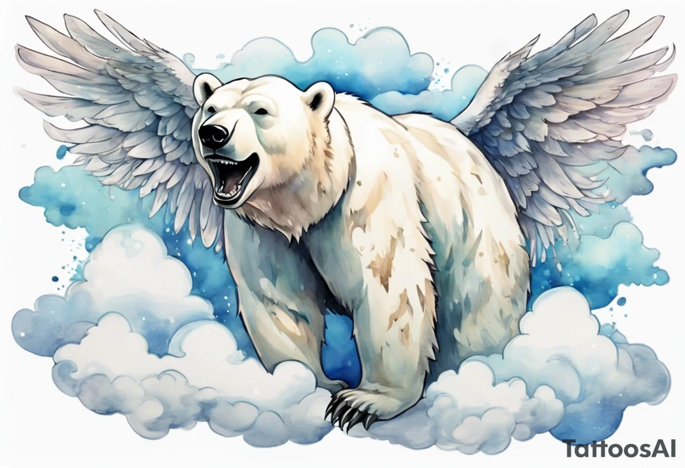 a polar bear with wings surrounded by clouds in the sky, laughing tattoo idea
