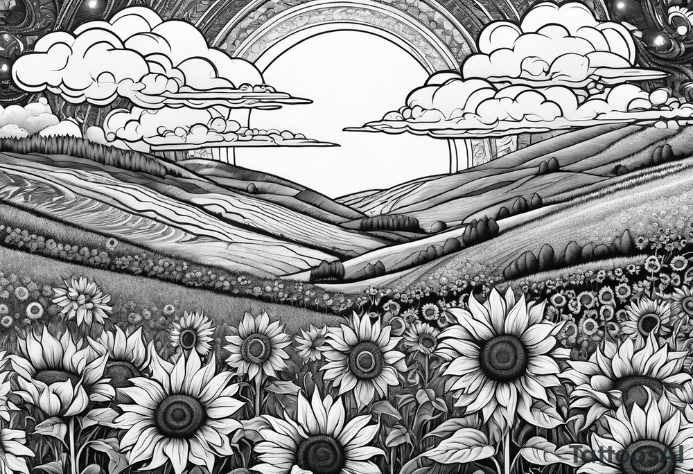 beautiful and heavily detailed sunflower meadow valley with two large bumble occupying the sky with perfect cumulous clods tattoo idea