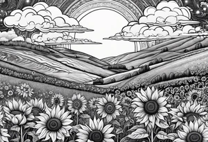 beautiful and heavily detailed sunflower meadow valley with two large bumble occupying the sky with perfect cumulous clods tattoo idea