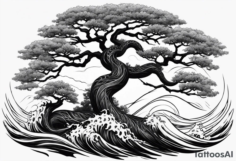 Jormungandr wrapped around world tree with waves crashing around tattoo idea