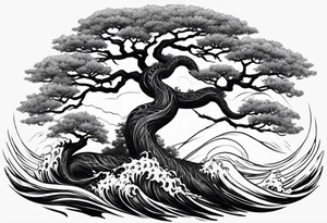 Jormungandr wrapped around world tree with waves crashing around tattoo idea