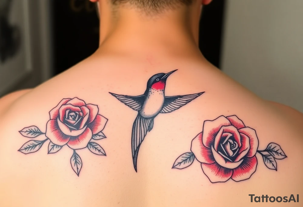 Feminine Swallow bird, with ruby color roses tattoo idea