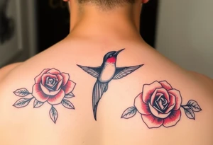 Feminine Swallow bird, with ruby color roses tattoo idea