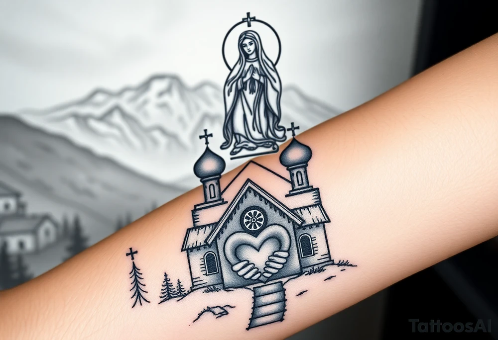 Russian Orthodox church with orthodox spire crosses in a mountainous village setting, with a holy glow around the church, and a virgin mary sat seperately above looking over hands on heart sat above tattoo idea