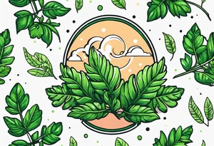 Fern leaf and basil leaf tied with a kawaii ribbon tattoo idea