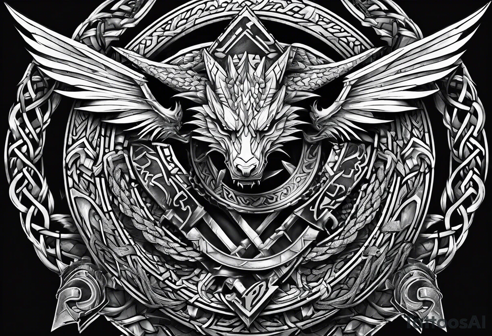 Valhalla sword shield dragon axe Valknut barbed wire chains tribal tattoo idea Valhalla sword shield dragon axe Valknut barbed wire chains tribal tattoo idea