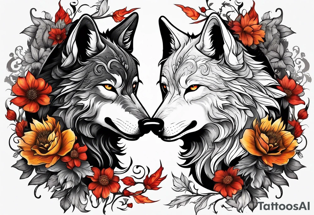 good wolf and bad wolf. Ying Yang style. Good wolf with flowers, autumn style. Bad wolf with fire and thorns. tattoo idea