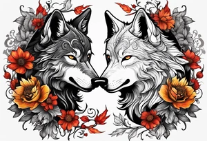 good wolf and bad wolf. Ying Yang style. Good wolf with flowers, autumn style. Bad wolf with fire and thorns. tattoo idea