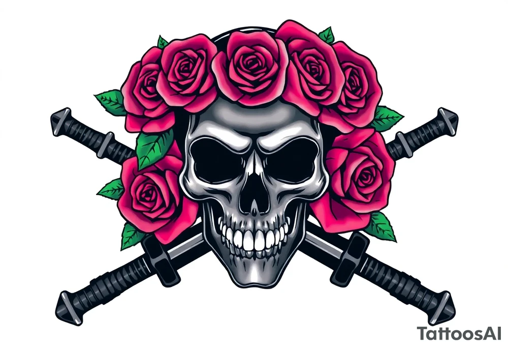 A dark skull with vibrant, blooming roses, crossed broadswords behind. tattoo idea