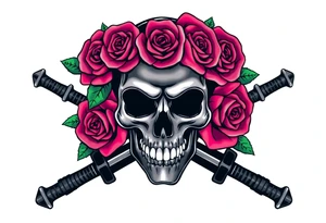 A dark skull with vibrant, blooming roses, crossed broadswords behind. tattoo idea