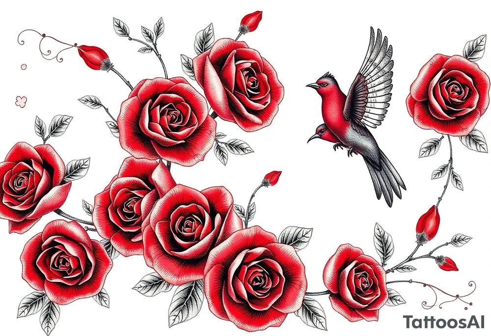 Vintage lace, red roses, red birds, vintage tattoo idea