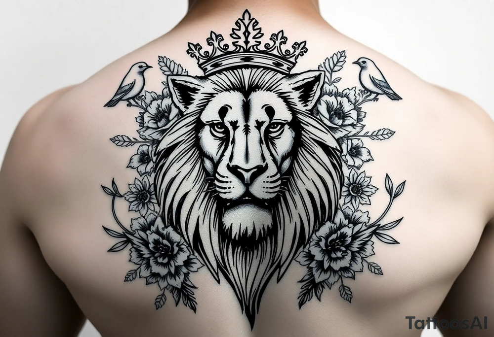 powerful majestic lion with a crown, surrounded by floral ornaments and birds tattoo idea