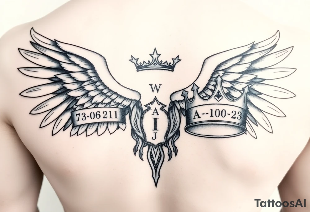 majestic  angel with two king crowns and in grave in one of the king crowns the names JOSIAH wuth the date 7-06-21 in roman numerals and I. The other king crown the name Adian with the date 3-10-23 in roman numerals tattoo idea