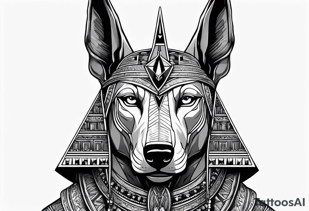 Strict Anubis portrait with pyramids on the background tattoo idea