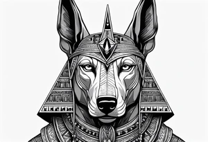 Strict Anubis portrait with pyramids on the background tattoo idea