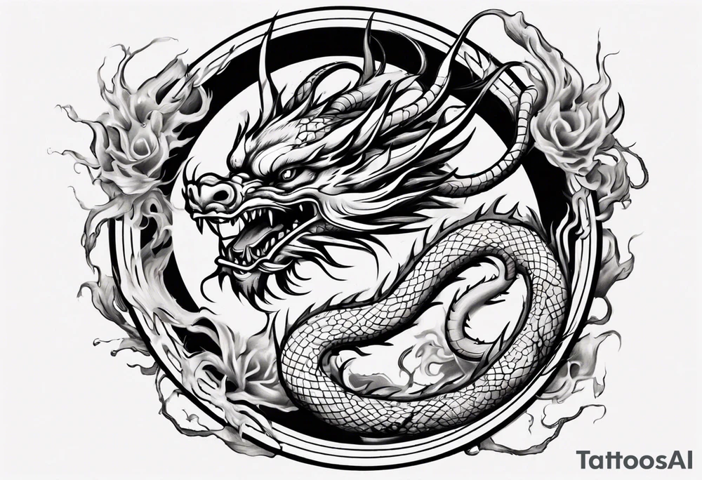 Chinese dragon in a circular shape with "02.03" written on its skin tattoo idea
