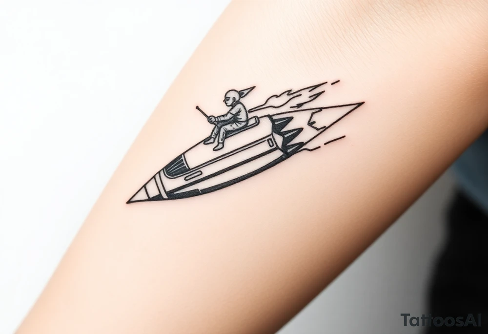 Rocket ship with sparks coming out of the back and someone riding it tattoo idea