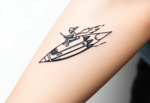 Rocket ship with sparks coming out of the back and someone riding it tattoo idea