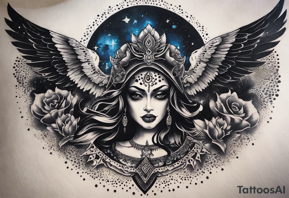 black kali, goddess pirate, alien, angel, pachamama, valkrye, warrior, flying, skull, lotus azul, wing, eagle, zenza resonance, stars, 5D, anahata chakra, death, durga, riding on a tiger, flying lady, chest tatoo tattoo idea