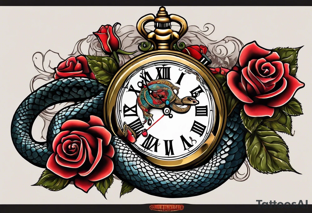 Powerful King cobra wrapped around and breaking an old broken watch clock with dead roses all around in the background tattoo idea