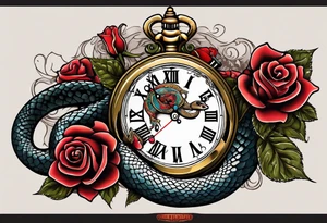 Powerful King cobra wrapped around and breaking an old broken watch clock with dead roses all around in the background tattoo idea