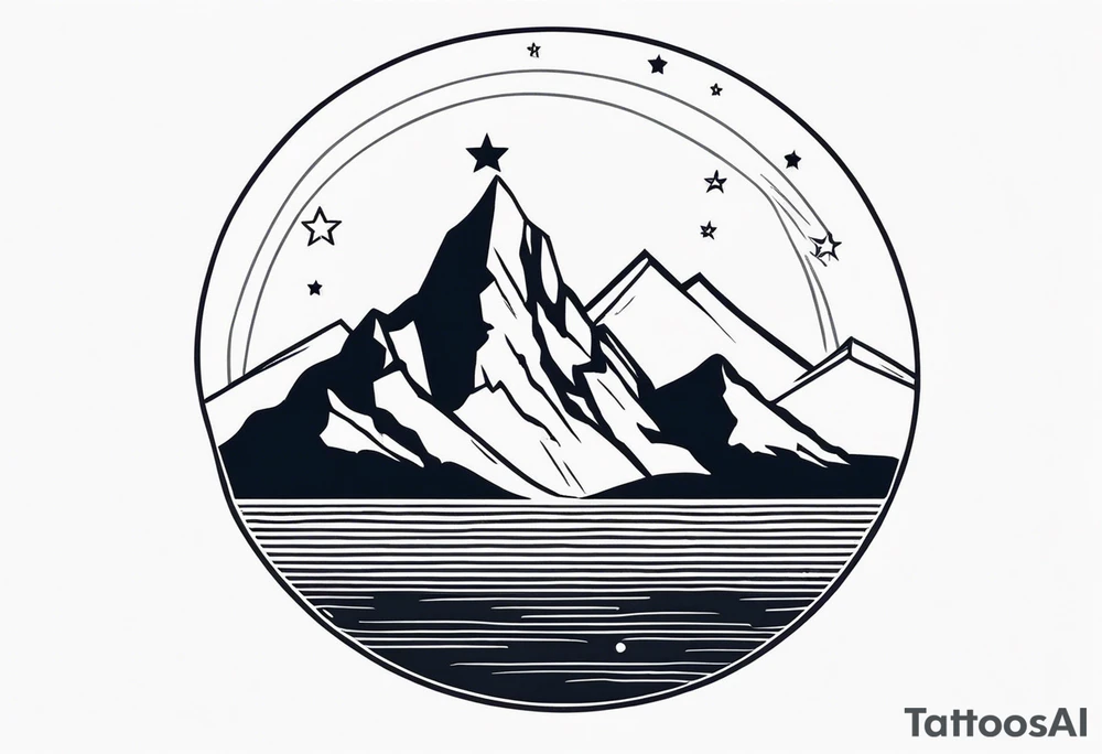Mountain Skyline with one High Peak. Water in Front. Mountain Peak with circle dotted Line. Two Stars. Mountain and water Run Out flat in the side tattoo idea