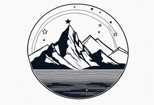 Mountain Skyline with one High Peak. Water in Front. Mountain Peak with circle dotted Line. Two Stars. Mountain and water Run Out flat in the side tattoo idea