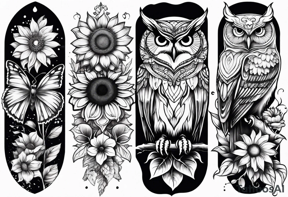 Owl, butterfly and sunflower are sleeve tattoo idea