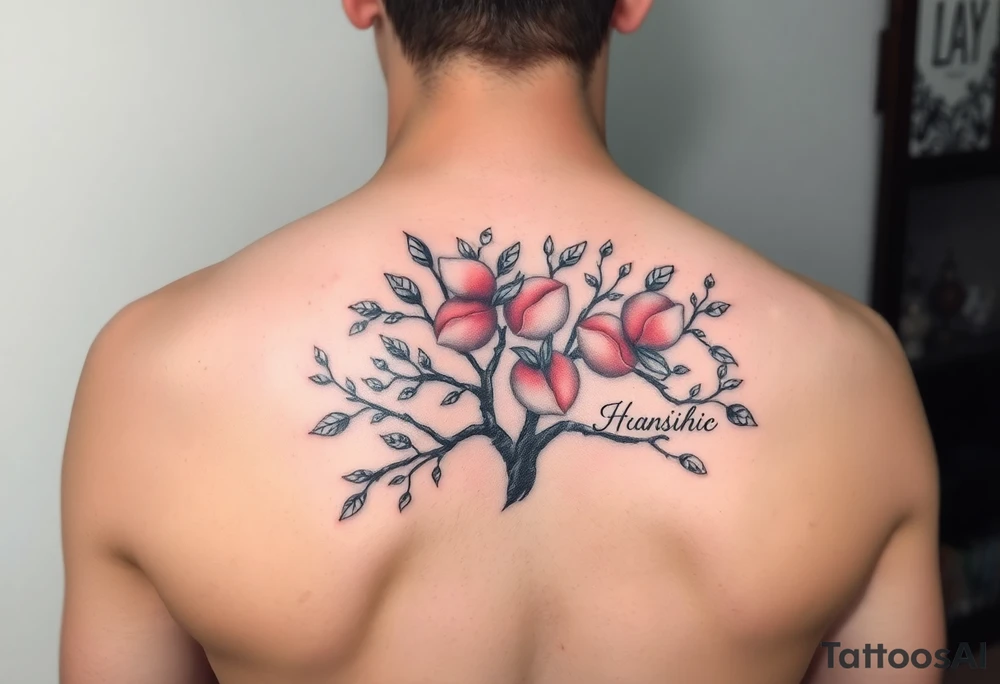 Peach tree with names scripted as branches tattoo idea
