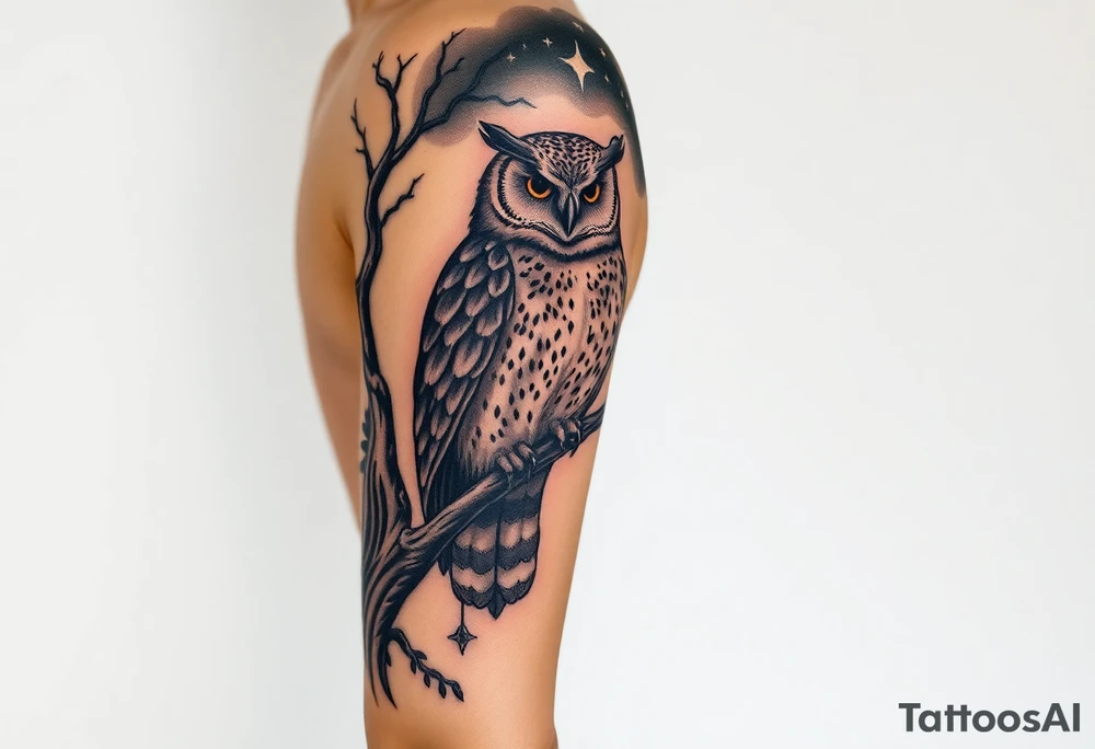 wise owl perched on ancient oak branch under starlit sky tattoo idea