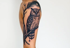 wise owl perched on ancient oak branch under starlit sky tattoo idea