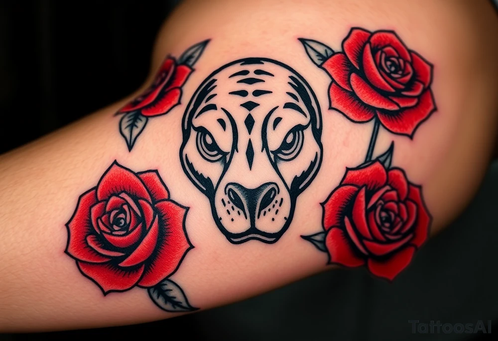 A mole with pointy nosel with bold black outlines, and red roses surrounding it for a classic old-school aesthetic tattoo idea