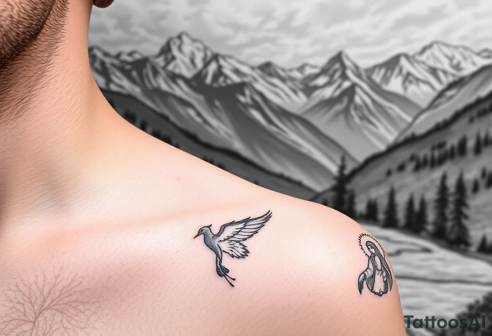 Mountainous valley with creek and a few trees with a Russian orthodox kazan scene covering my shoulder entering my upper arm with a Russian orthodox Virgin Mary tattoo idea