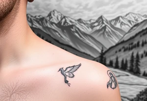 Mountainous valley with creek and a few trees with a Russian orthodox kazan scene covering my shoulder entering my upper arm with a Russian orthodox Virgin Mary tattoo idea