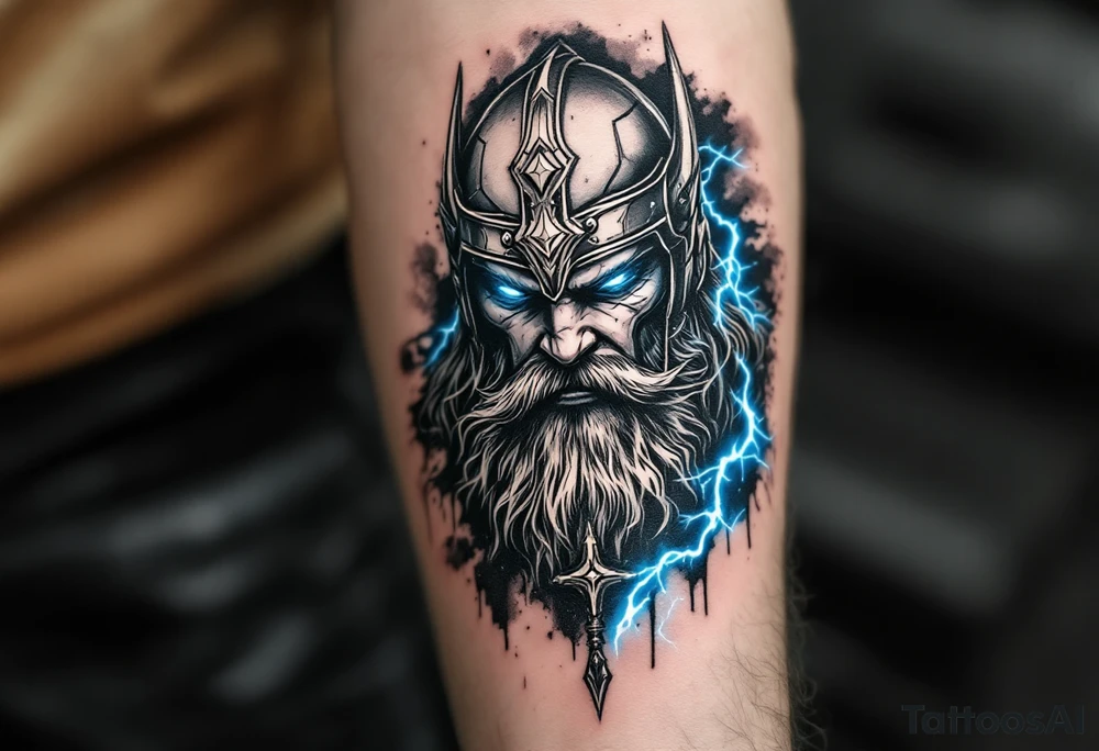 A fierce, bearded Norse Thor in battle, gripping Mjölnir with lightning crackling around him, wearing a detailed Viking helmet, in black and grey realism with electric blue highlights. tattoo idea