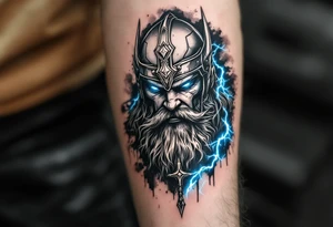 A fierce, bearded Norse Thor in battle, gripping Mjölnir with lightning crackling around him, wearing a detailed Viking helmet, in black and grey realism with electric blue highlights. tattoo idea