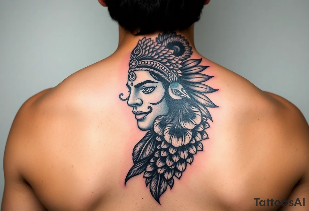 lord murugan colorful face tattoo with peacock
on back feminine tattoo idea