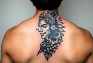 lord murugan colorful face tattoo with peacock
on back feminine tattoo idea