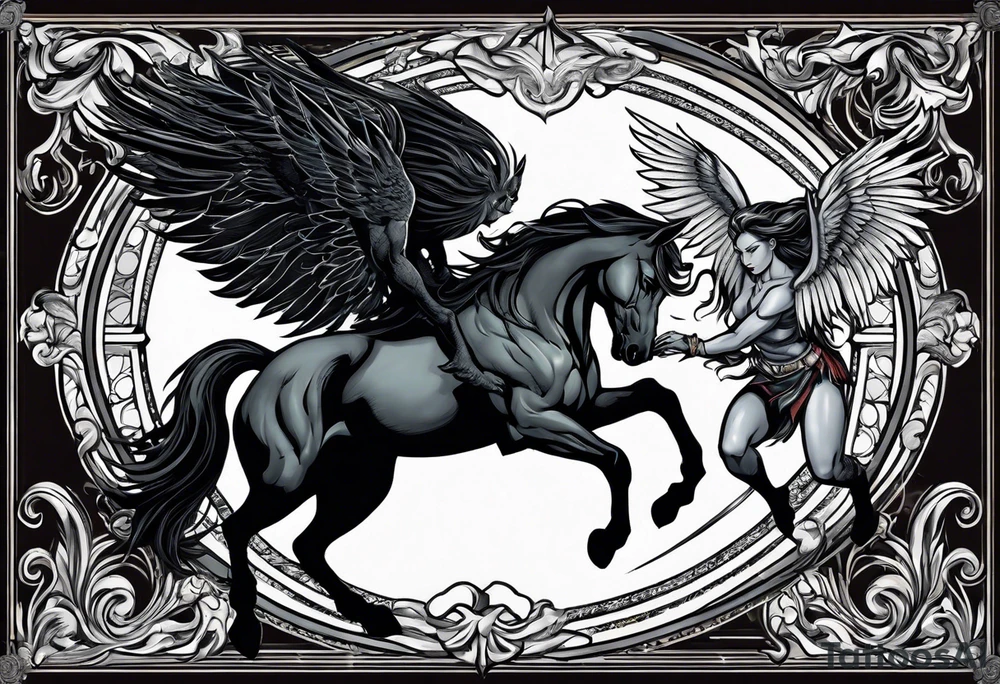 Female werewolf and Pegasus fighting each other in the night tattoo idea