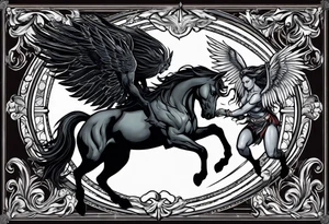 Female werewolf and Pegasus fighting each other in the night tattoo idea